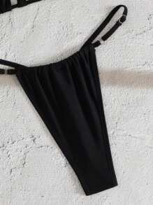 Swim Vcay Summer Beach Vacation Black Solid Color Sexy Bikini Bottom With Special T-Shape Diamond Accessory Connection - Black - View 4