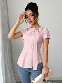 SHEIN Clasi Pink Lace-Up Front Ruffle Sleeve Vacation Shirt - Pink - View 4