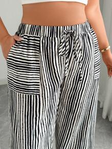 SHEIN CURVE+ 大码女式系腰条纹口袋锥形休闲裤 - 彩色 - 查看 4