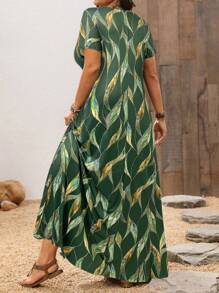 EMERY ROSE Plus Size Women's Autumn Emerald Green Floral Print Short Sleeve Square Neck Maxi Dresses Summer Spring Fall Beach Vacation Boho Safari Bohemian - Green - View 3