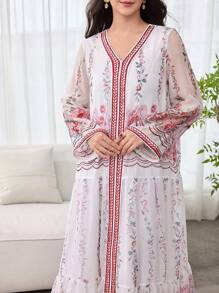 SHEIN Najma 优雅浪漫花卉图案雪纺拼接宽松女式连衣裙 - 彩色 - 查看 6