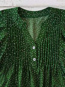 SHEIN PETITE Retro Elegant Holiday Green Polka Dot Small V French Romantic Summer Women's Shirt