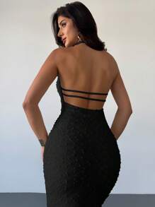 Firerie 女式简约优雅精致浪漫婚礼派对节日休闲垂坠领露背纹理长裙，杏色，春夏 - 黑色 - 查看 3