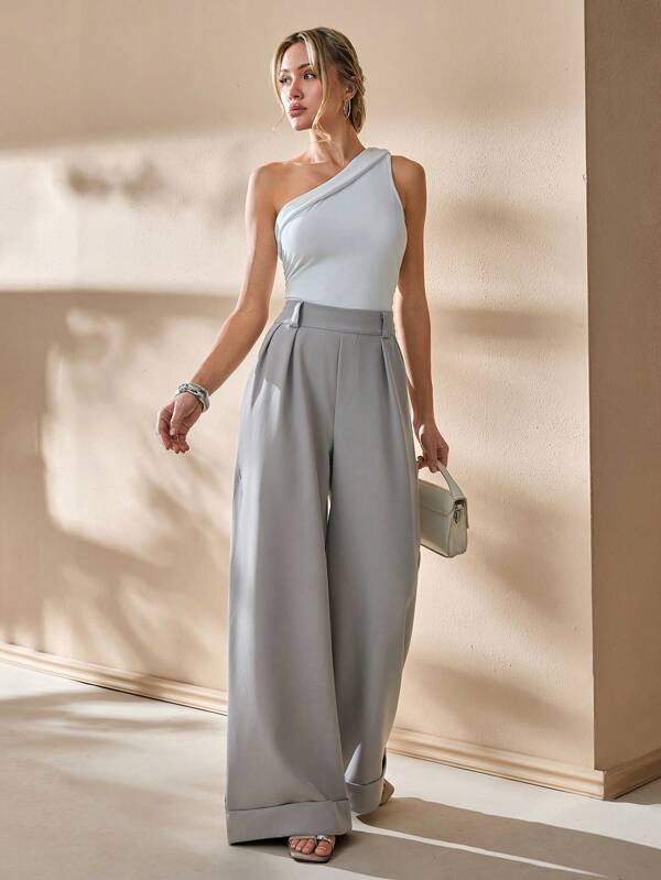 CLARA VERO Damen einfarbige hohe Taille Weite Hose