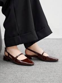 CUCCOO BIZCHIC Fashion Coffee Brown Patent Leather Cutout Mary Jane Square Toe Flats, Suitable For Commute, Dating, Party, Holiday, School For Christmas - Coffee Brown - View 3