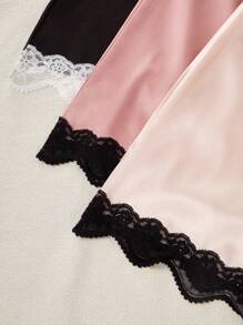 SHEIN 3件套性感纯色缎面蕾丝花边吊带睡衣套装