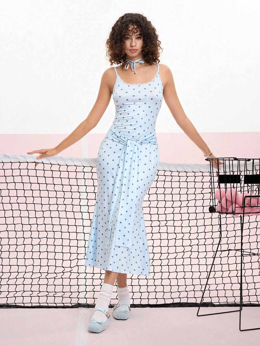 SHEIN MOD فستان أنيق رسمي ذو بقع زرقاء منقطة مع طوق دانتيل والخدشة على اللوحة الأمامية - الأزرق - مشاهدة 1