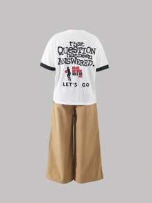 2pcs/Set Boys Casual Korean Style Round Neck Loose Letter Print Short Sleeve T-Shirt And Drawstring Waist Loose Long Cargo Pants Outfit