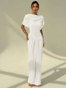 Aloruh Women's Solid Color Pleated Batwing Sleeve Elegant Dress - White - View 4