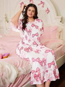 SweetSlumber Cute Bow Floral Print Ruffle Hem Casual Plus Size Nightgown Babydoll PerfectSummer