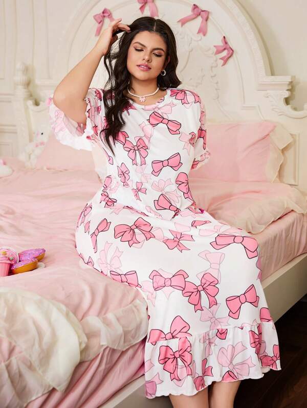 SweetSlumber Cute Bow Floral Print Ruffle Hem Casual Plus Size Nightgown Babydoll PerfectSummer