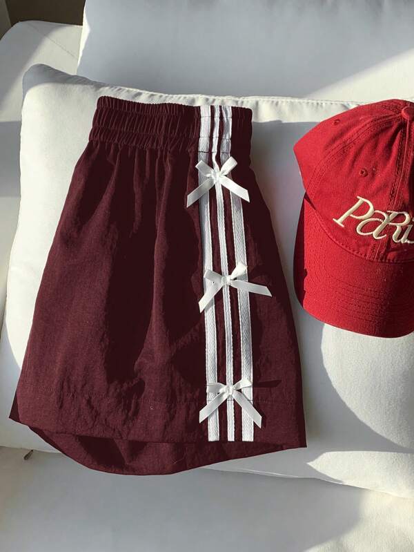 Comfortcana Plus Size Women Summer Elastic Waist Side Striped Bow Decor Casual Shorts Skirt With Bows Burgundy Skirt