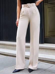 EURMUSE Fashionable Versatile Solid Color High Waist Straight Leg Suit Pants - Apricot - View 5