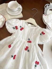 Baby Girls 0-3 Years Old Spring/Summer Cute Playful Daily Outing Cherry Embroidery Puff Sleeve Dress + Hat - White - View 3