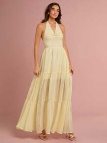 Enchnt Váy maxi công chúa hở lưng màu vàng pastel lãng mạn mùa xuân/hè dành cho nữ, ngọt ngào, thanh lịch và gợi cảm cho kỳ nghỉ, ngày lễ, tiệc tùng, lễ tốt nghiệp và khách dự tiệc cưới, bãi biển, váy dạ hội, váy mùa hè cho nữ, váy chống nắng cho nữ, quần áo mùa hè, váy thanh lịch cho tiệc tùng - Màu vàng - Xem 6