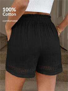 Easowa Cotton Lace Patchwork Elastic Waist Khaki Short Pants For Women, Spring/Summer