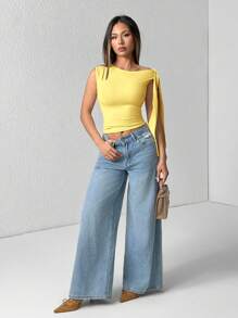 SHEIN PETITE Solid Color Asymmetrical Shoulder Tie Up Blouse, Yellow Top Fashionable Summer Item