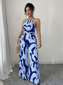 Elenzga Bộ đồ liền thân hở eo bằng vải in họa tiết cỡ lớn dành cho nữ, thanh lịch cho ngày lễ và mặc hàng ngày - Màu xanh lam - Xem 3