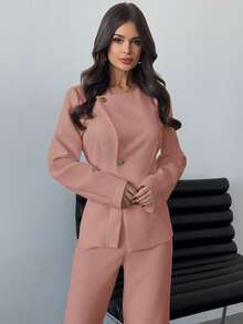 Firerie 节日新款优雅简约通勤复古风格金属纽扣腰部短款白色西装外套和高腰阔腿白色裤子套装，情人节春夏装女士办公室服装商务女性服装职业女性服装秋冬装 - 藕粉色 - 查看 3