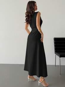 Firerie Elegant & Romantic White Ruched A-Line Maxi Dress With Stand Collar, Sleeveless & Waist Cinched, Suitable For Date, Daily Commute,Bodycon Dress - Black - View 3