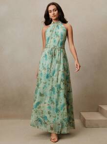 Anewsta 女士优雅印花A字连衣裙，收腰设计，挂脖领，适合春夏穿着，可用于婚礼、派对、节日、毕业典礼等场合。 - 綠色 - 查看 6