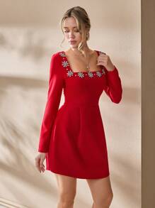 SHEIN Cottnline Rhinstone Embellishment Detailed Square Neck Long Sleeve Princess Shape Elegant Short Dress - Burgundy - View 5