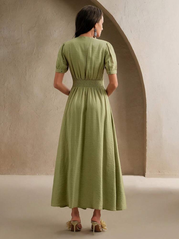 Elegant V-Neck Single-Breasted Short Sleeve Shirred & Twist Detail Puff Sleeve Dress, Chic And Sophisticated For Vacation, Festival, Graduation, Spring/Summer