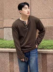 DAZY Áo thun nam tay dài màu nâu có khóa kéo nửa, mùa thu, mùa thu - màu nâu - Xem 3