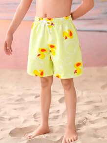 Young Boy Duck Print Beach Swim Trunks - Yellow - View 3