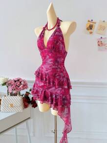 SHEIN Unity 女士不对称荷叶边连衣裙，适合度假 - 玫紅色 - 查看 5