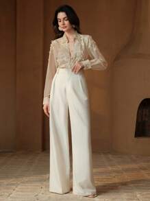 Anewsta Camicetta in pizzo testurizzato con maniche lunghe e design morbido, adatta per l'estate, look versatile