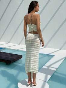 Aloruh 女式纯色松紧腰镂空设计修身半身裙 - 白色 - 查看 2