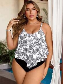 Swim Lushoire 加大码两件套女士中国风随机印花露背圆领荷叶边下摆上衣和褶皱高腰三角下装比基尼套装 - 彩色 - 查看 5