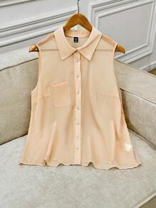 Flirla Camisa plus size de cor sólida com bolso frontal e botões, carcela, casual de verão, sem mangas - Damasco - Ver 1