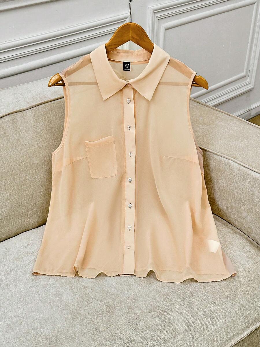 Flirla Camisa plus size de cor sólida com bolso frontal e botões, carcela, casual de verão, sem mangas - Damasco - Ver 1