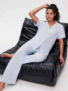 LUVLETTE 柔软100%纯棉撞色滚边短袖基本款纽扣上衣和裤子家居服透气睡衣套装裤子带口袋 - 藍色 - 查看 7