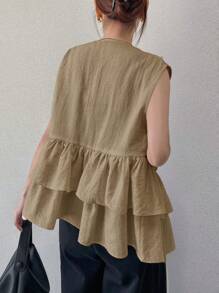 FRIFUL 女士系带荷叶边开衫，休闲夏季外套，亚麻材质 - 卡其色 - 查看 6
