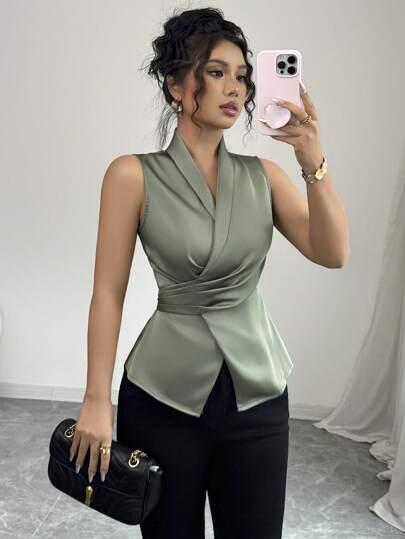 Elenzga Blusa de mujer elegante y profesional para primavera y verano, ideal para la oficina, reuniones de negocios o tarde de té, con cuello, lazo cruzado en la cintura, volantes y pliegues, sin mangas