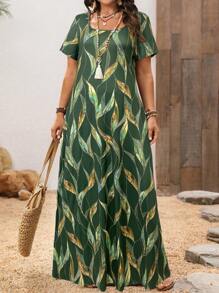 EMERY ROSE Plus Size Women's Autumn Emerald Green Floral Print Short Sleeve Square Neck Maxi Dresses Summer Spring Fall Beach Vacation Boho Safari Bohemian - Green - View 2