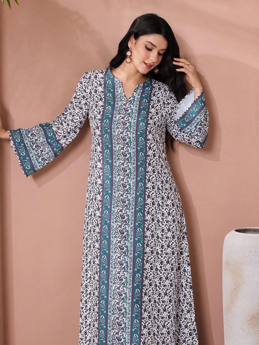 SHEIN Najma 优雅浪漫刺绣花卉复古印花简约宽松女式连衣裙 - 彩色 - 查看 1