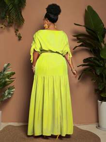 Maweii Plus Size Solid Color Asymmetric Collar Short Sleeve Top And High Slit Skirt 2 Pieces Set
