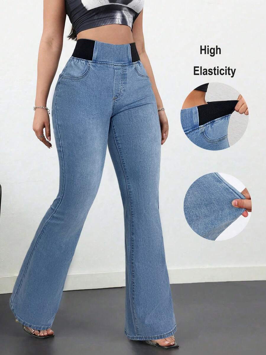 SHEIN Tall 女士牛仔裤休闲紧身弹力喇叭裤蓝色紧身牛仔裤高腰喇叭裤高腰女士牛仔裤夏季