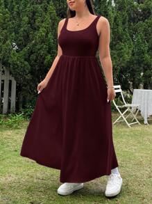 SHEIN EZwear Đầm thường ngày màu trơn cỡ lớn, phù hợp cho mùa hè - Màu Đỏ Sâu - Xem 3