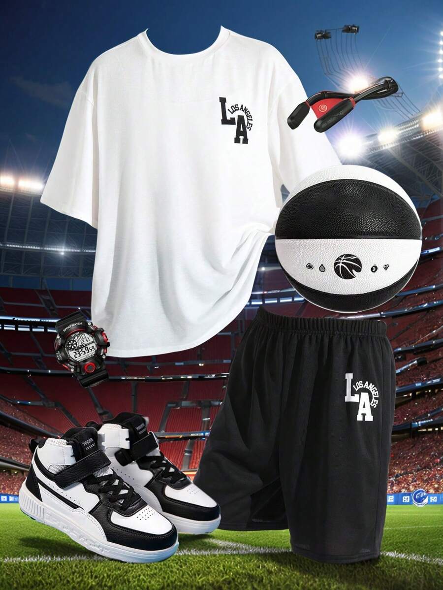 SHEIN 2pcs/Set Teen Boys' Casual Sports College White T-Shirt With English Pattern And Black Shorts With English Pattern Suit Suitable For Teen Boy Outfits Toddler Boy Clothes Back To School Boys Set Suitable For Birthday Parties, Evening Parties, Performances, Weddings, Baptisms, Opening Ceremonies Daily Suitable For Daily Use Suitable For School Suitable For Travel Suitable For Sports Suitable For Spring And Summer Seasons - White - View 1