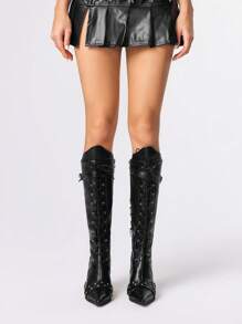 ROMWE Grunge Punk Women's Gothic Strap Lace-Up Chain Design Pointed Toe High Heel Mid-Calf Boots - Black - View 2