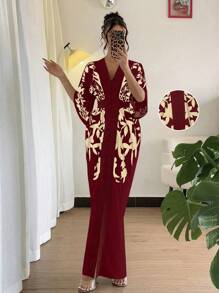 Chiquease 修身撞色印花长裙，春夏 - 酒紅色 - 查看 6