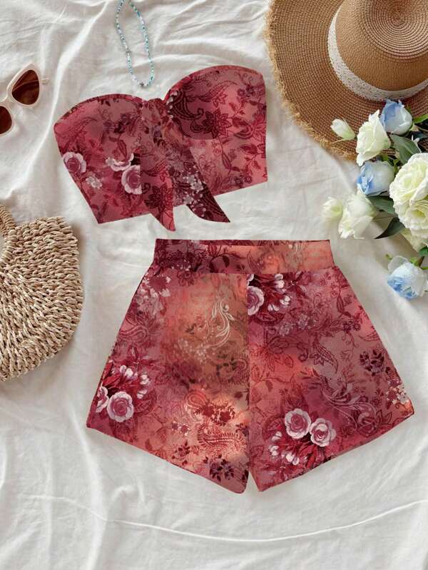 Soleia Retro Paisley Print Bowknot Bandeau Top With Shorts 2 Pieces Set, Beach Vacation Style, For Summer,Summer Sets