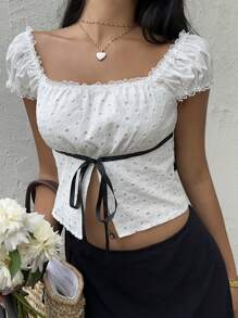 Sunnyshic Blusa de mujer con mangas farol, abertura en frente y aplicación de encaje y moño - Blanco - Ver 3