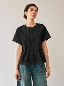 Uhlyne Áo thun nữ cổ tròn xếp ly tay ngắn rộng rãi, mùa hè - màu đen - Xem 4