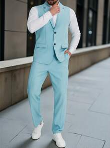 Manfinity Bizformal Men's Solid Color Vest & Pants Suit - Baby Blue - View 3